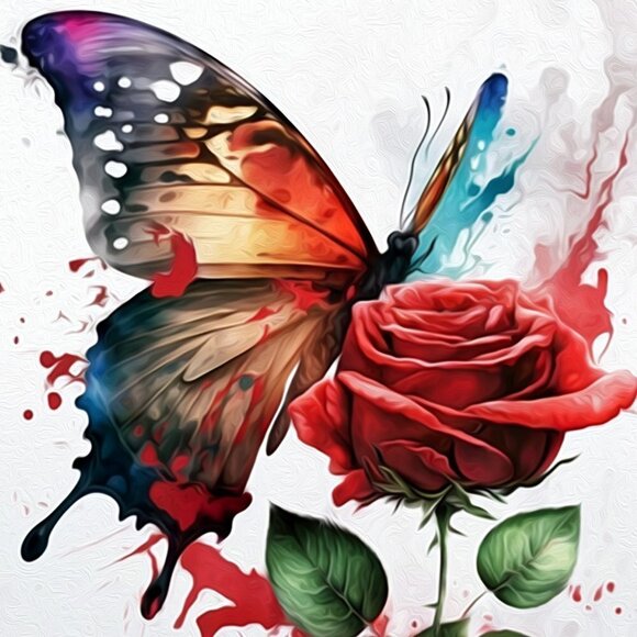 Butterfly with a Single Red‎ Rose Watercolor Oil Painting Art Print - Picture 4 of 7